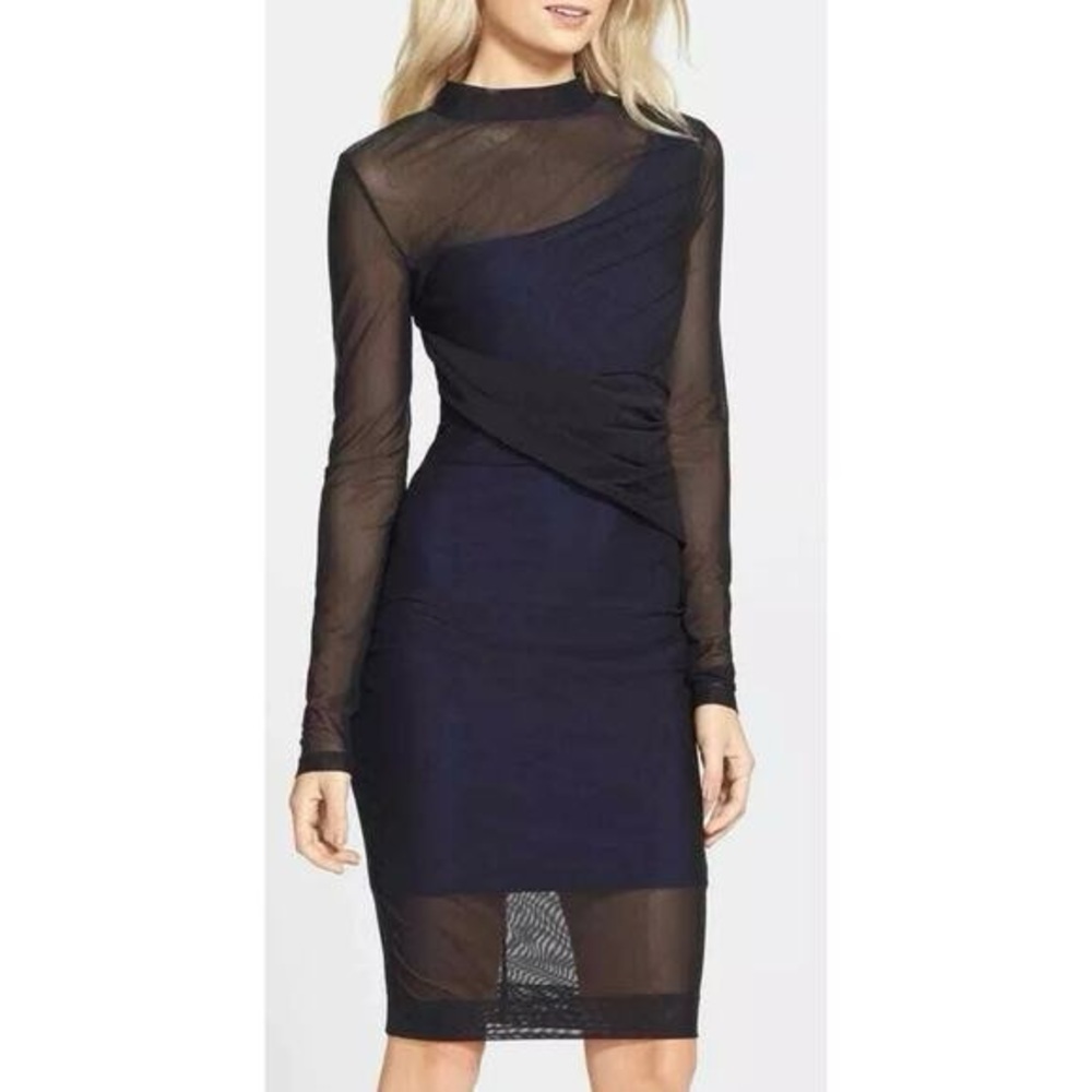 French Connection Navy Blue and Black Long Sleeve Sheer Overlay Dress